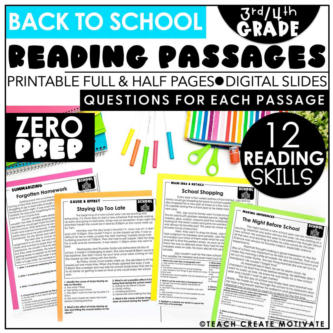 Back To School Reading Comprehension 4th Grade