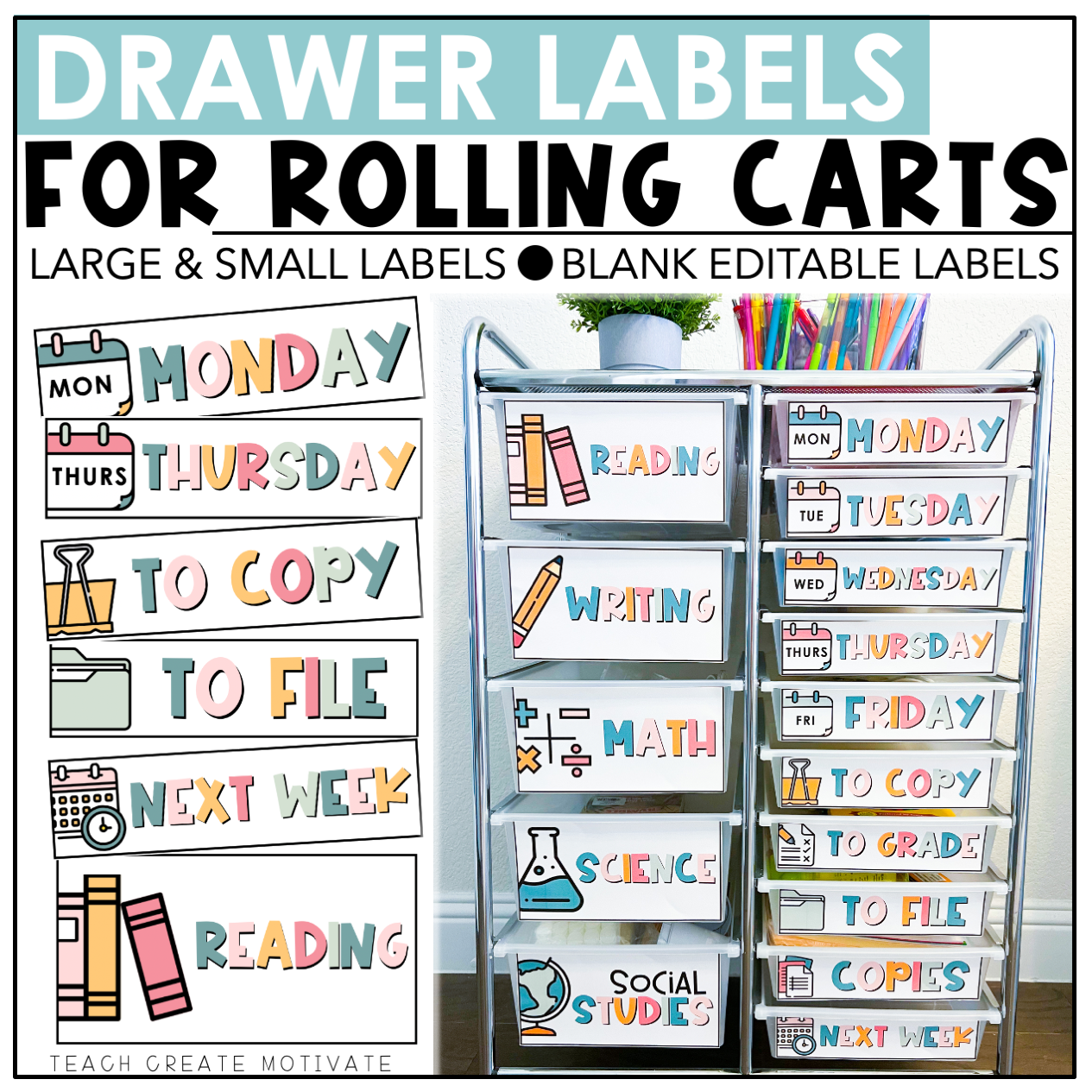 10-drawer-rolling-cart-labels-editable-boho-classroom-decor-teach