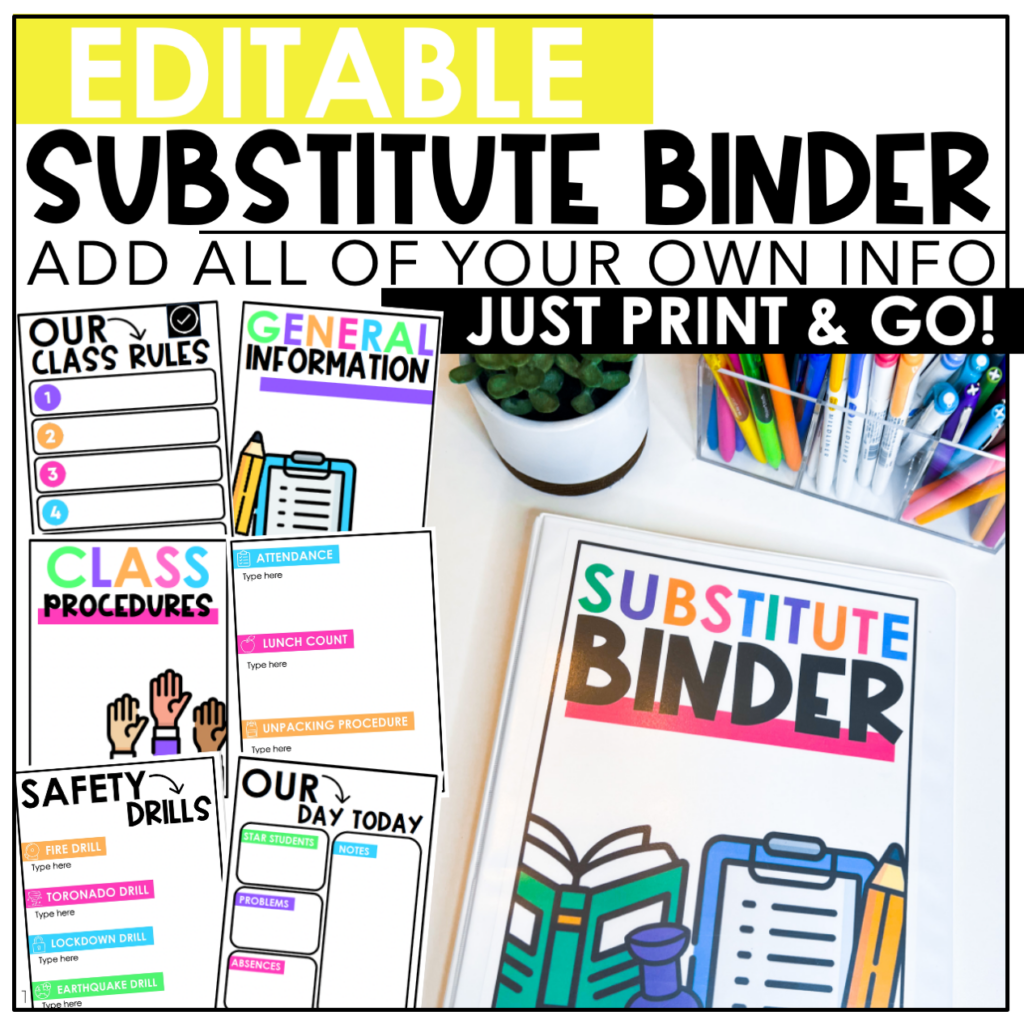 *Editable* Substitute Binder {color & Black Line} - Teach Create Motivate